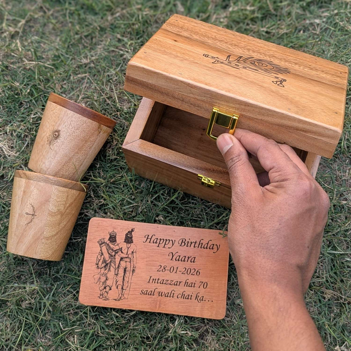 Personalized Wooden Birthday Gift Box with Tea Glasses &amp; Custom Greeting Card