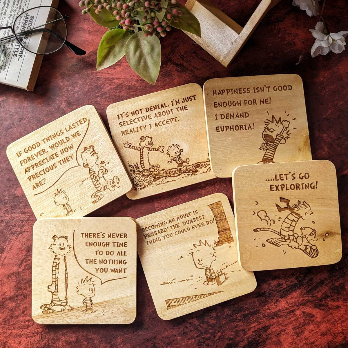 Calvin and Hobbes - Wooden Coaster Set With Holder