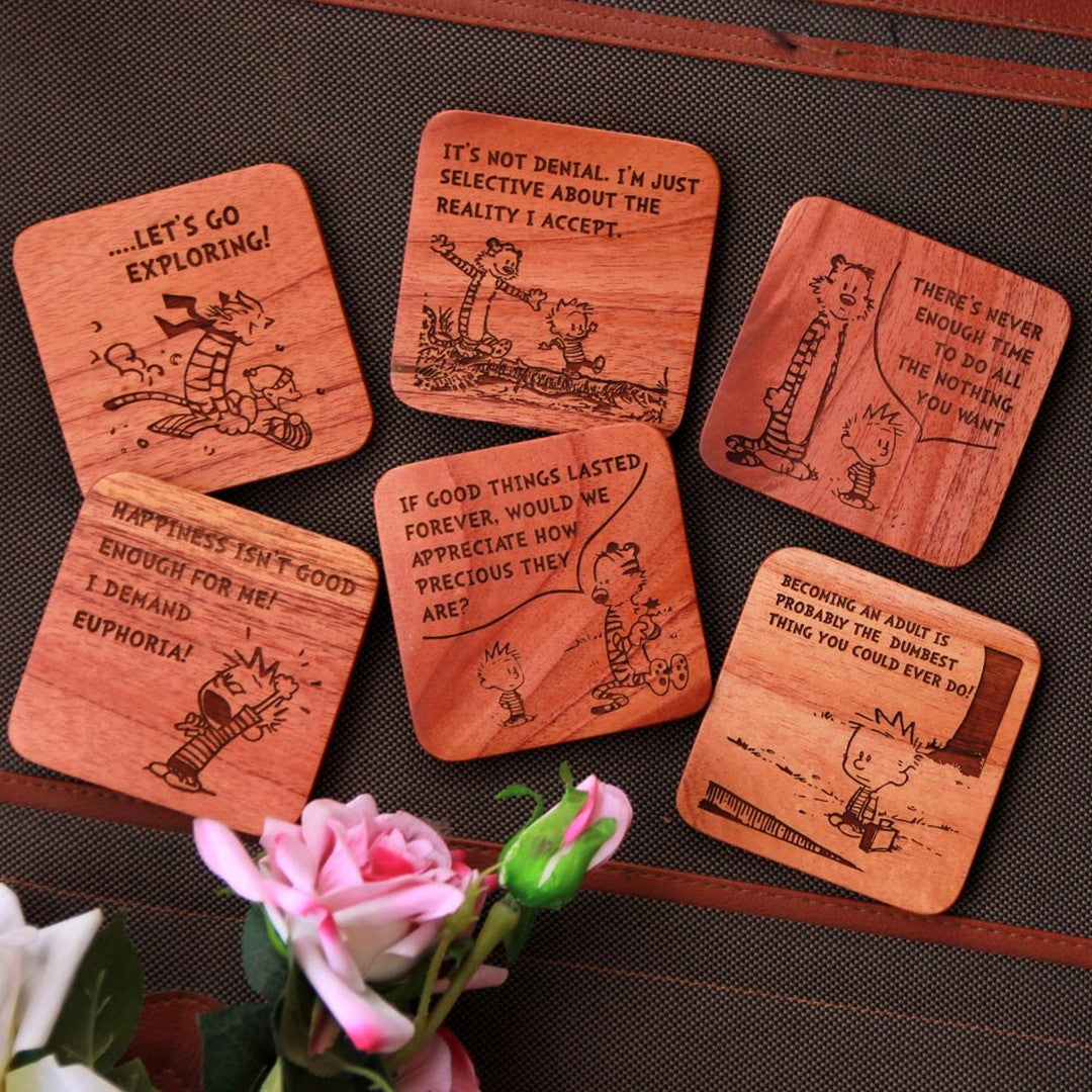 Calvin and Hobbes - Wooden Coaster Set With Holder