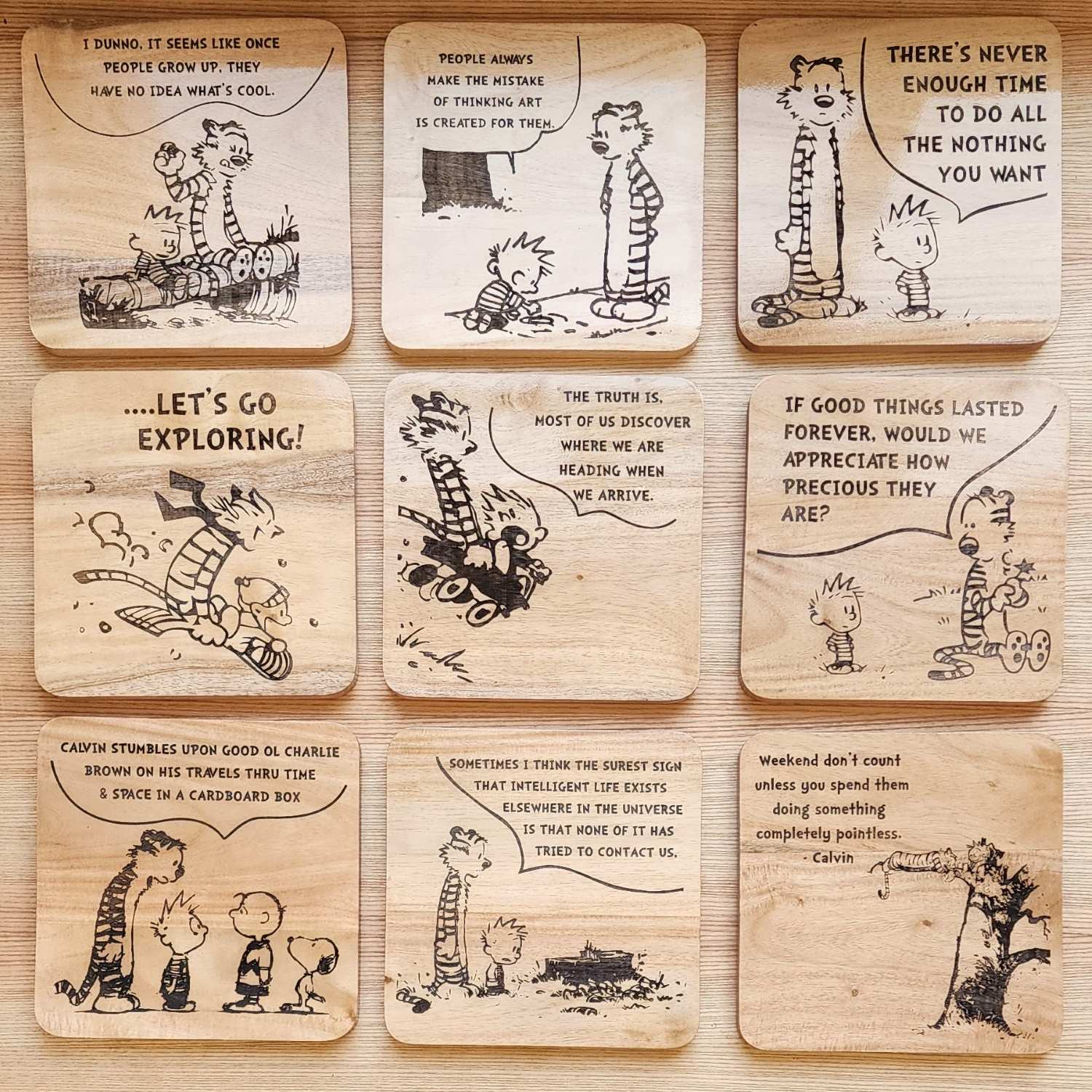 Calvin and Hobbes - Engraved Wooden Coasters - 9 Pieces