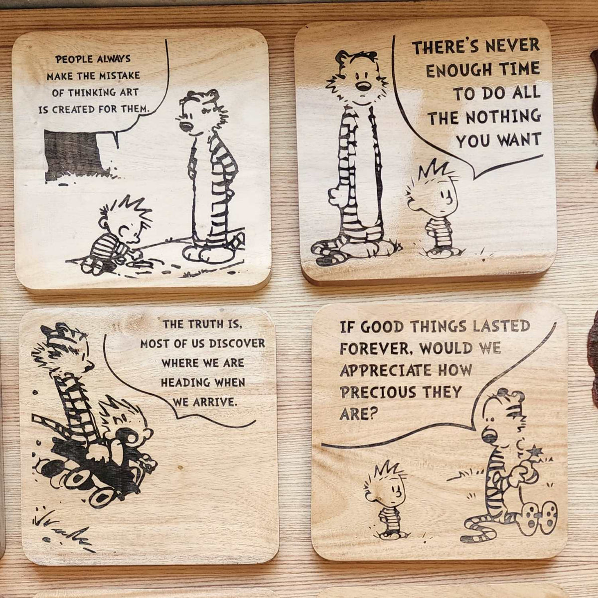Calvin and Hobbes - Engraved Wooden Coasters - 9 Pieces