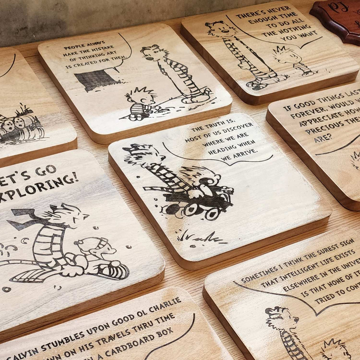 Calvin and Hobbes - Engraved Wooden Coasters - 9 Pieces