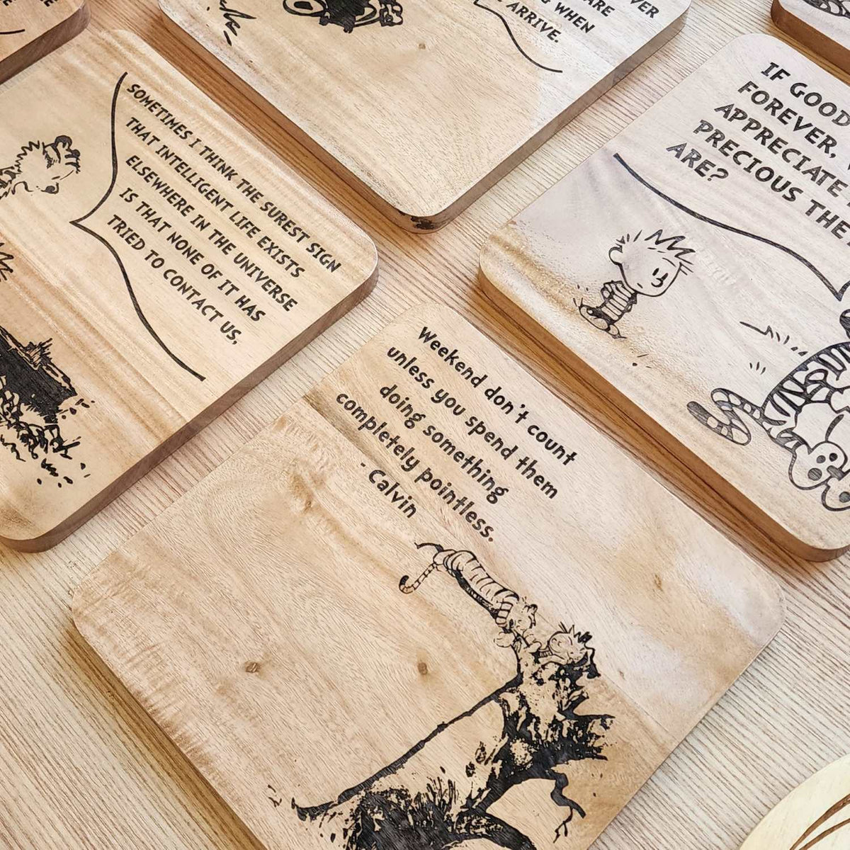 Calvin and Hobbes - Engraved Wooden Coasters - 9 Pieces