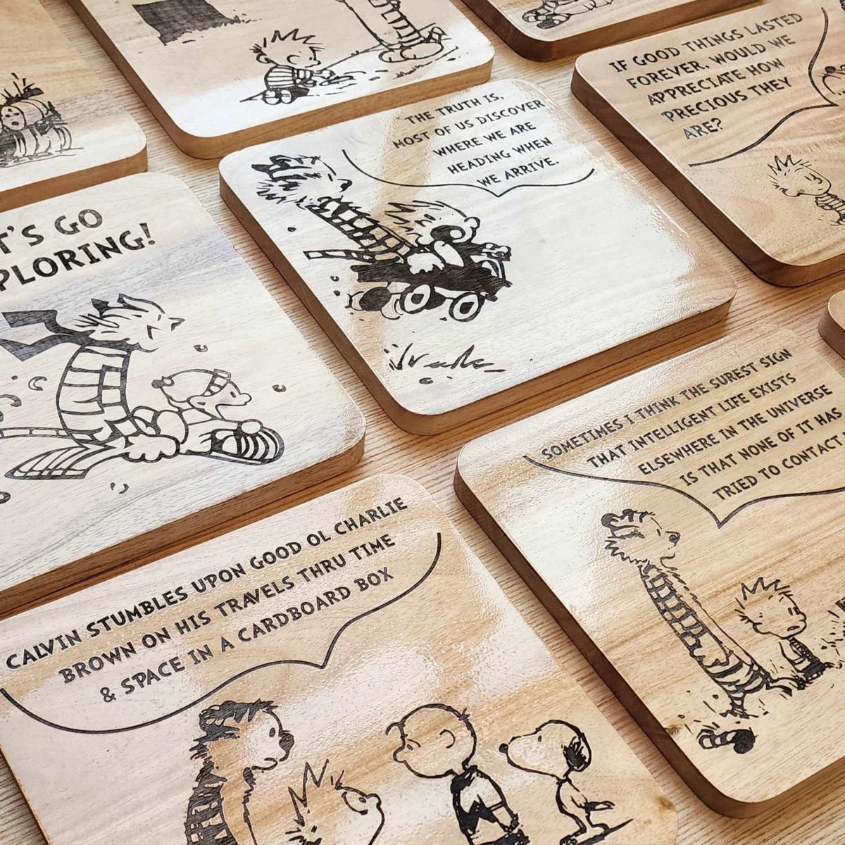 Calvin and Hobbes - Engraved Wooden Coasters - 9 Pieces