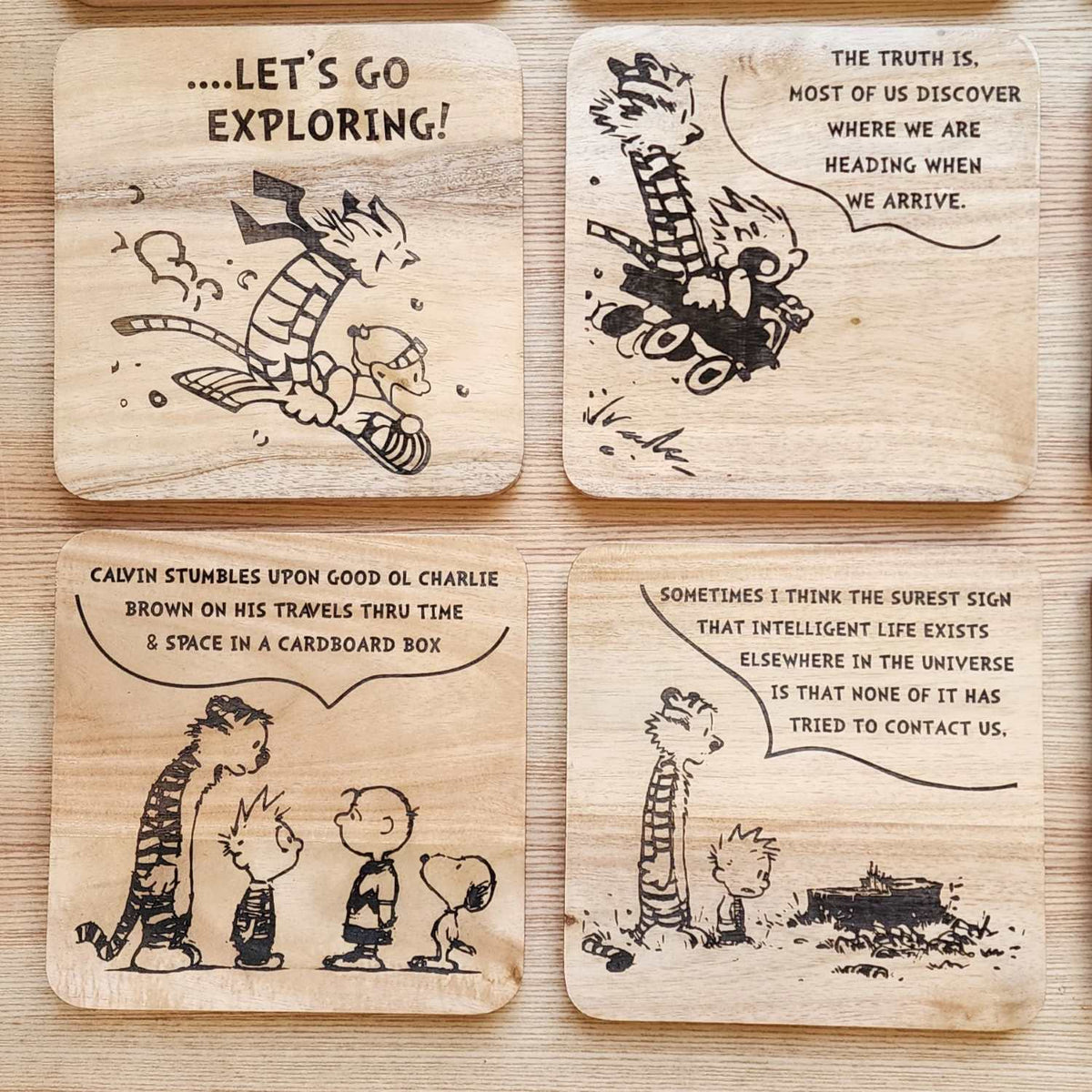 Calvin and Hobbes - Engraved Wooden Coasters - 9 Pieces
