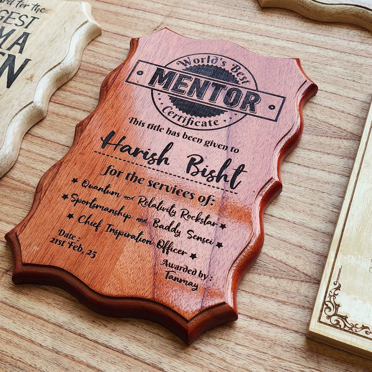 World&#39;s Best Mentor Engraved Wood Certificate | Custom Corporate Gift