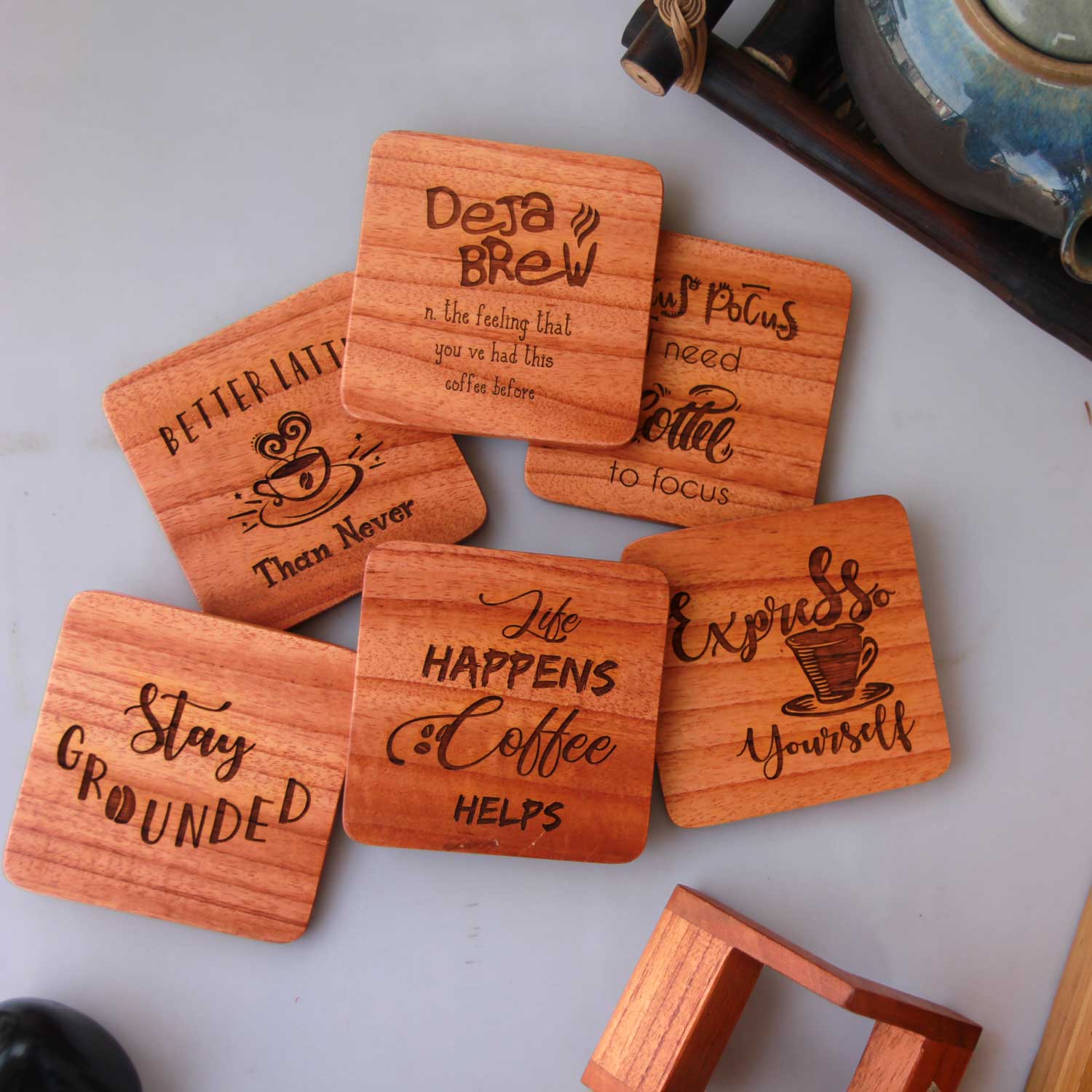Engraved Coffee Coasters - Wooden Coaster Set With Holder