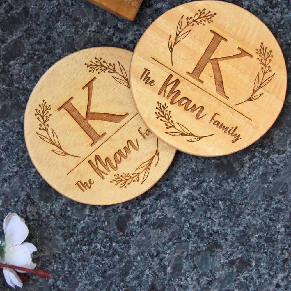 Family Name Coasters: Monogram Coasters - Wooden Coaster Set With Holder