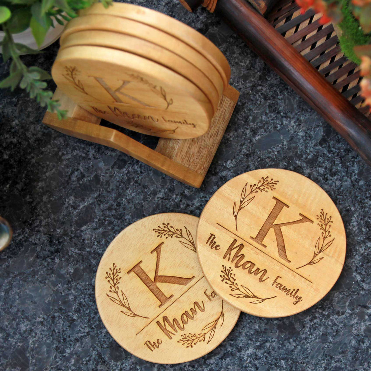 Family Name Coasters: Monogram Coasters - Wooden Coaster Set With Holder
