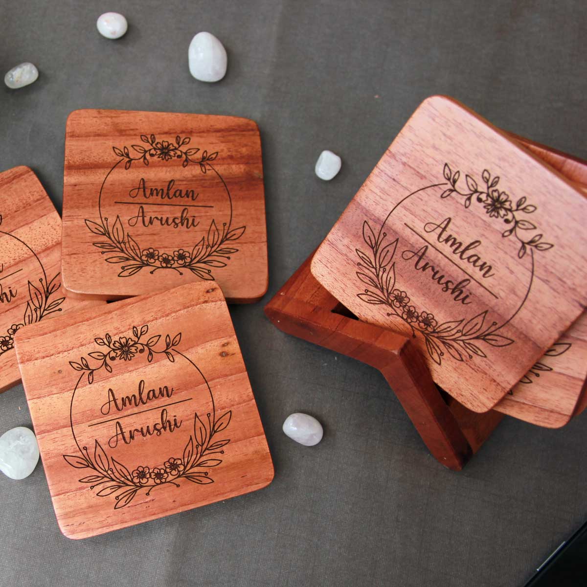 Personalized Wedding Coasters Custom Family Name Engraved Wood Coaster