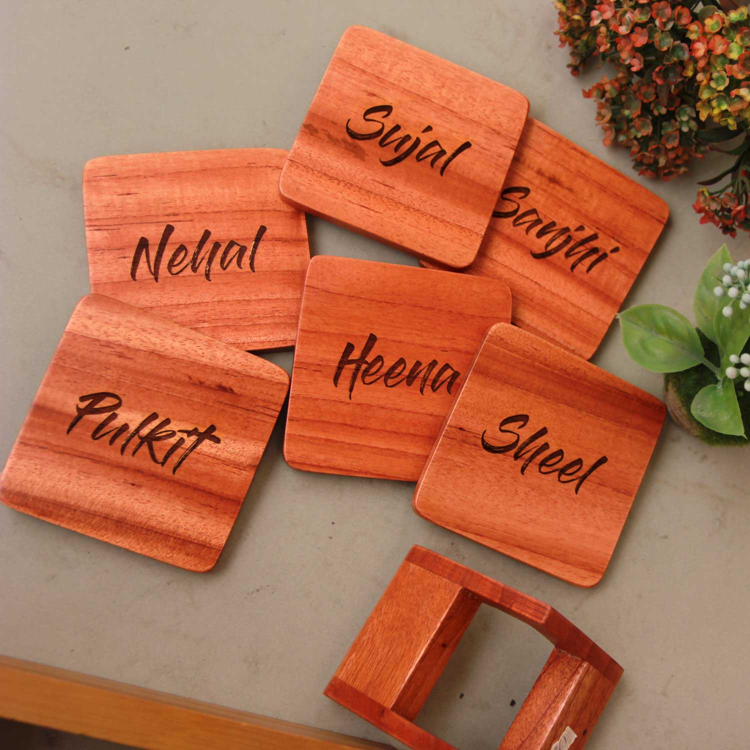 Personalised Name Coasters - Wooden Coaster Set With Holder