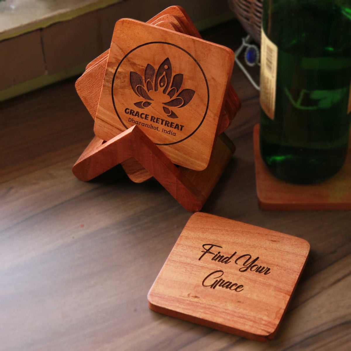 Office Coasters With Company Logo - Wooden Coaster Set With Holder