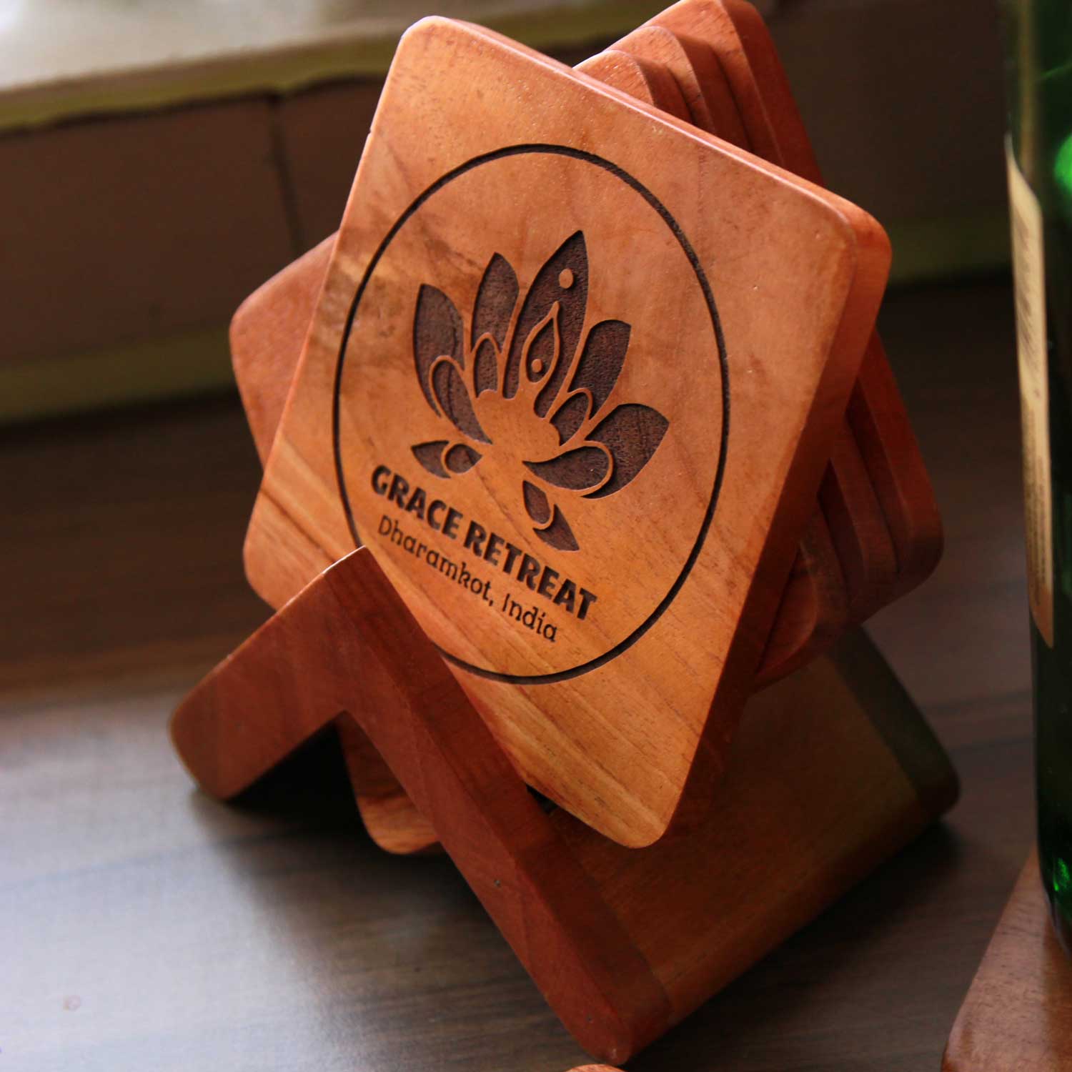 Office Coasters With Company Logo - Wooden Coaster Set With Holder