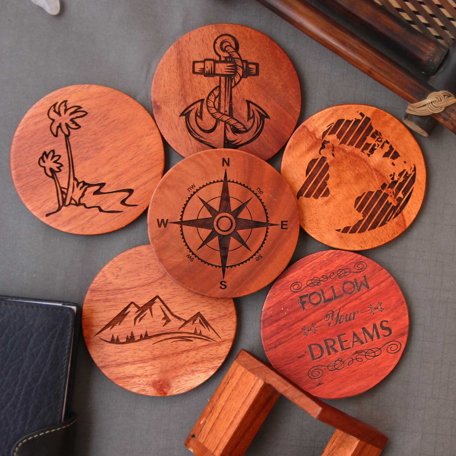 Travel Coasters - Wooden Coaster Set With Holder