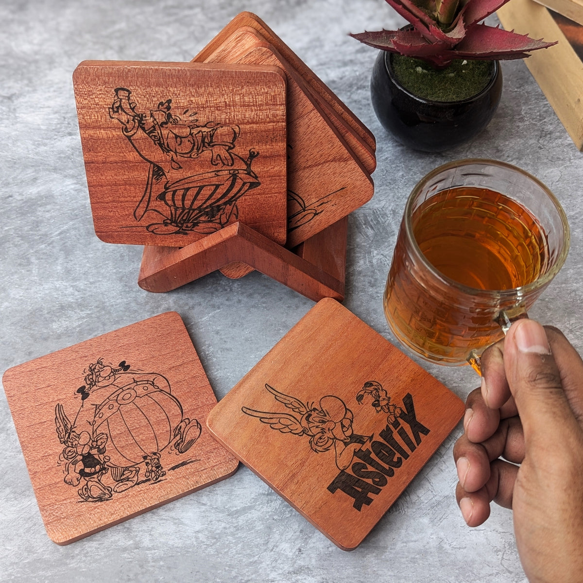 Asterix &amp; Obelix Wooden Coasters Set of 6 | Gift For Asterix Fans
