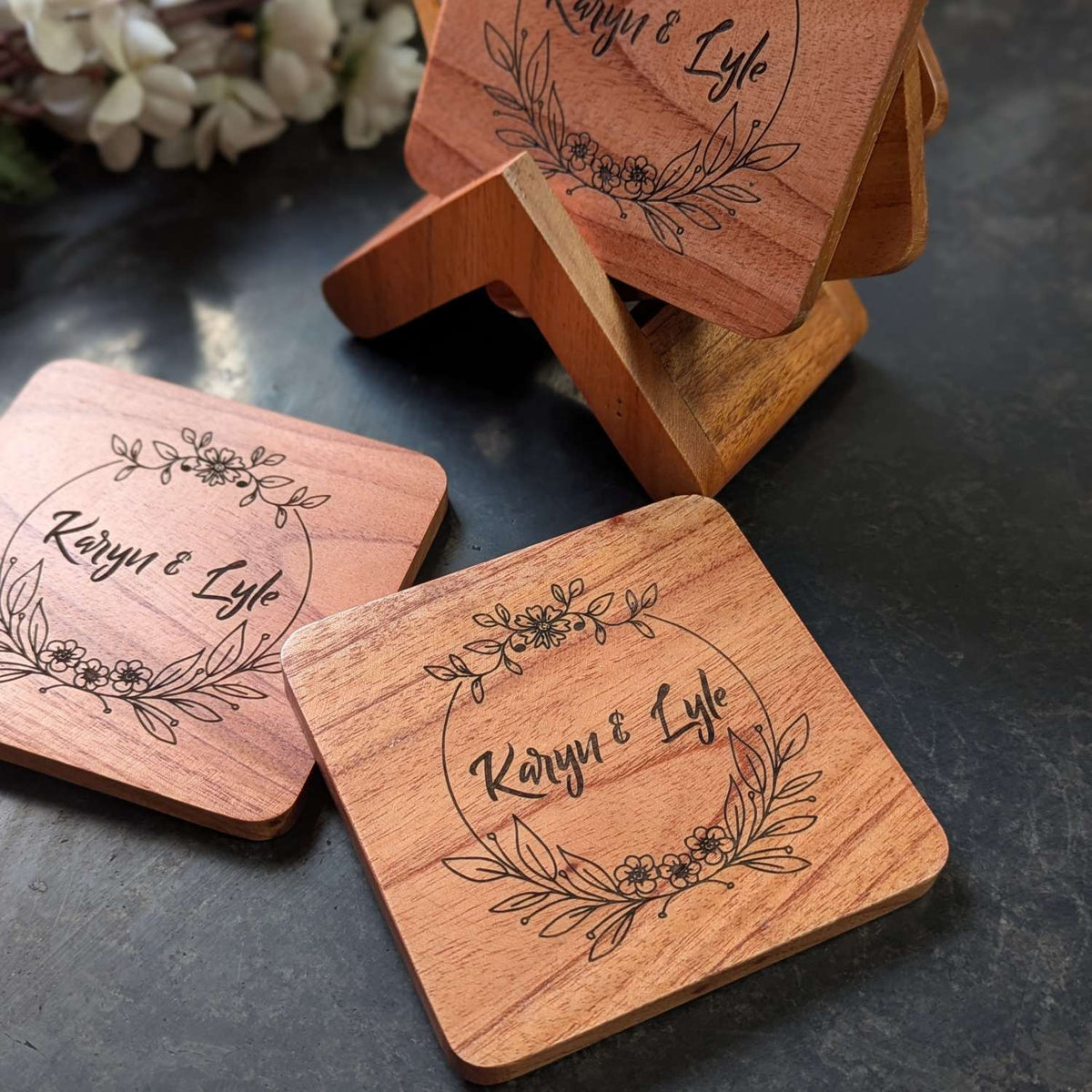 Custom Coasters Engraved With Couple Name - Wooden Coaster Set With Holder