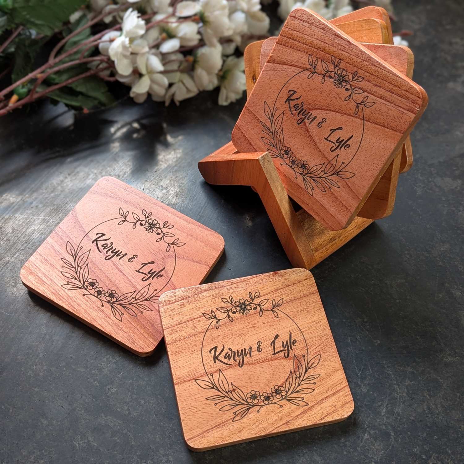 Custom Coasters Engraved With Couple Name - Wooden Coaster Set With Holder