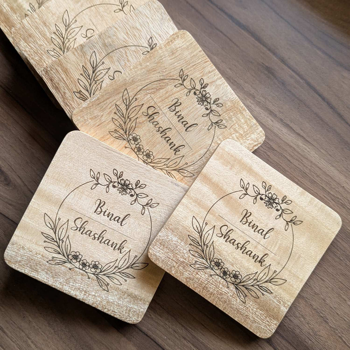 Custom Coasters Engraved With Couple Name - Wooden Coaster Set With Holder