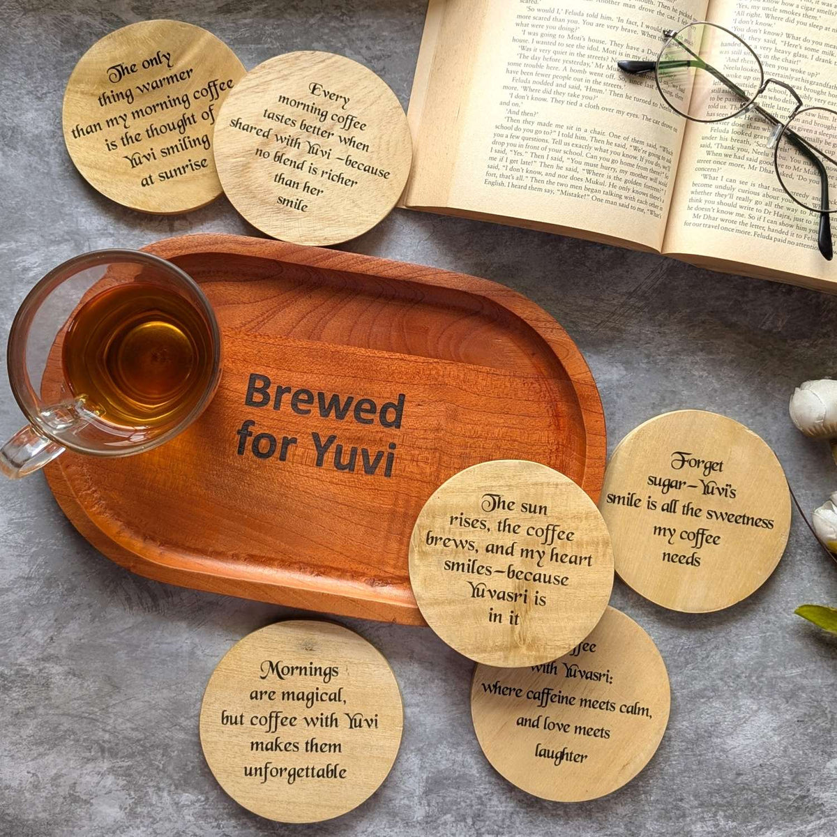 Personalized Coffee Tray &amp; Coaster Set | Custom Engraved Wood Gift for Couples