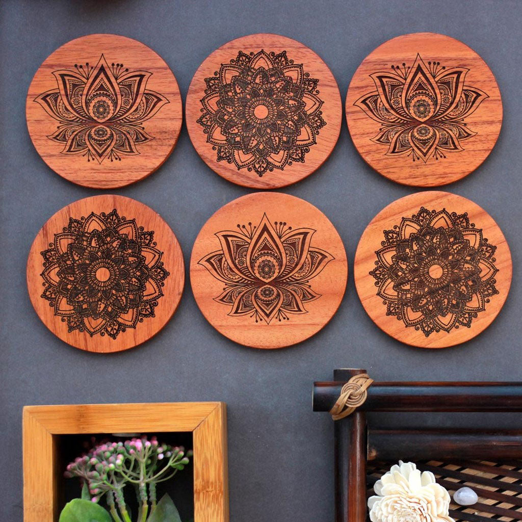 Mandala Coasters - Wooden Coaster Set With Holder