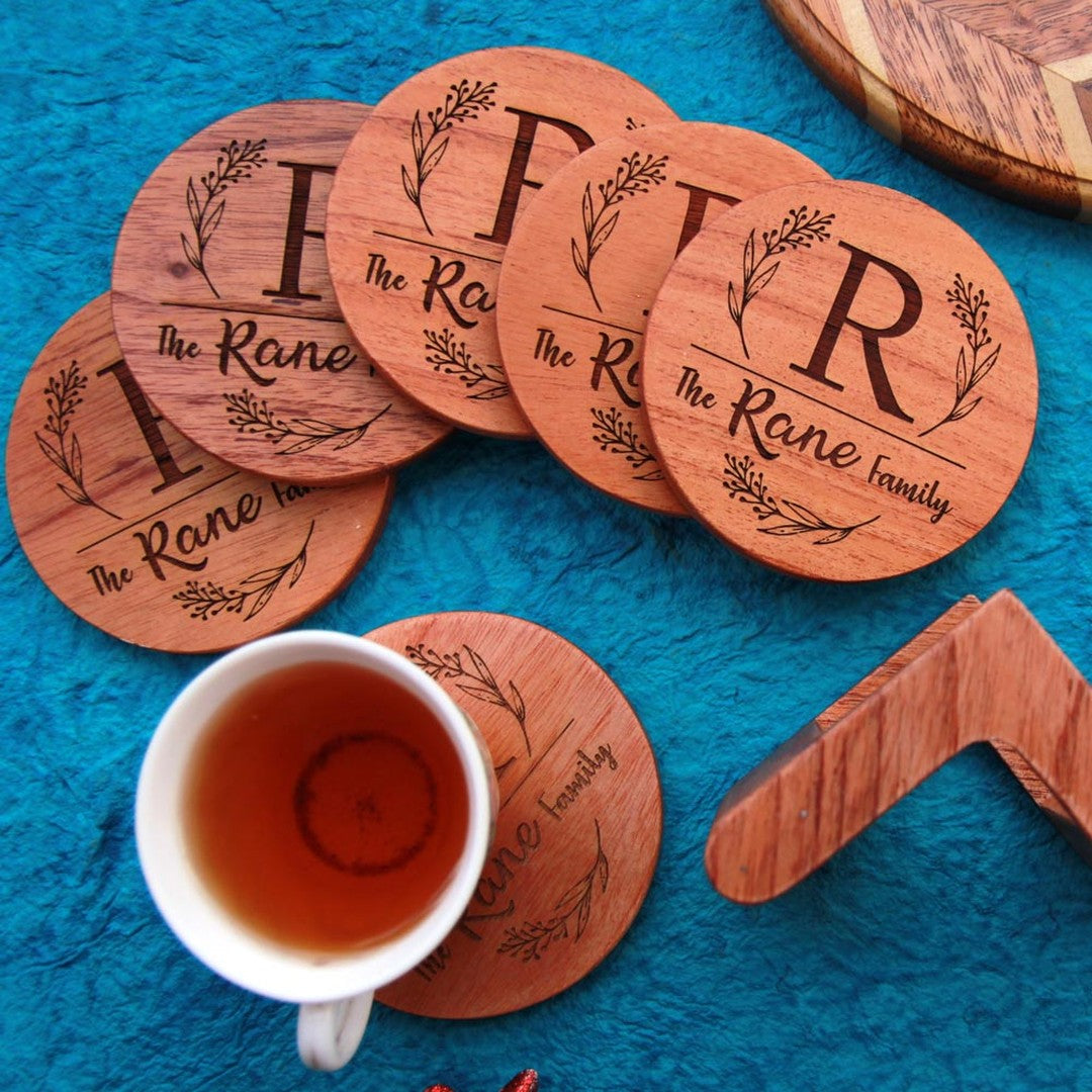 Family Name Coasters: Monogram Coasters - Wooden Coaster Set With Holder