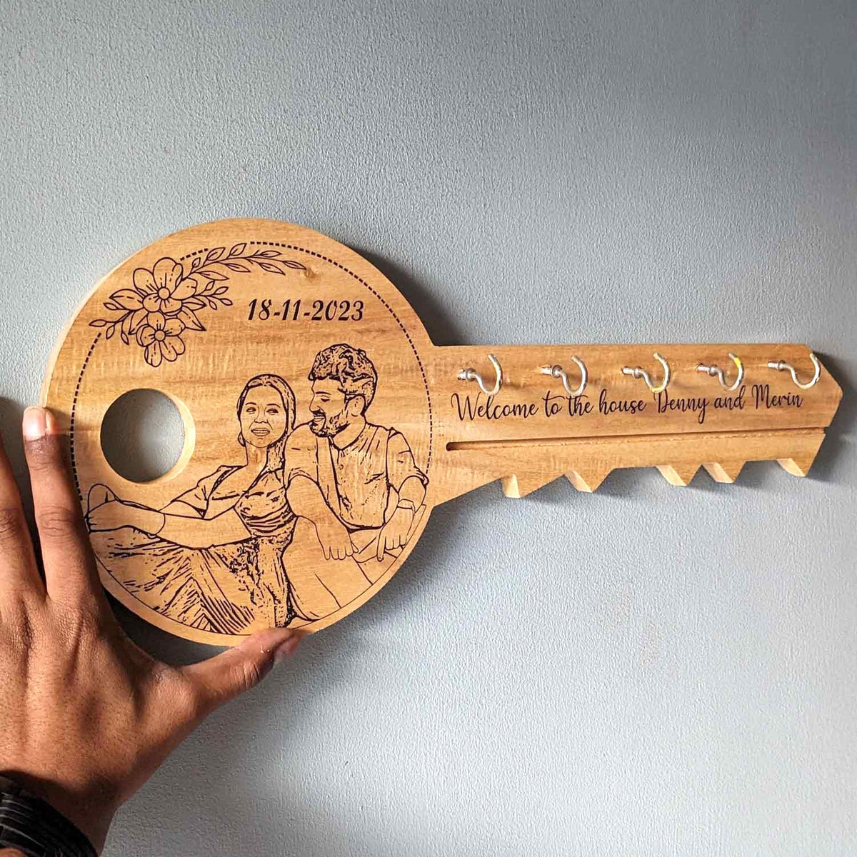 Custom Key Sign Personalized Portrait Key Hanger | Engraved Wooden Key Holder for Home ...