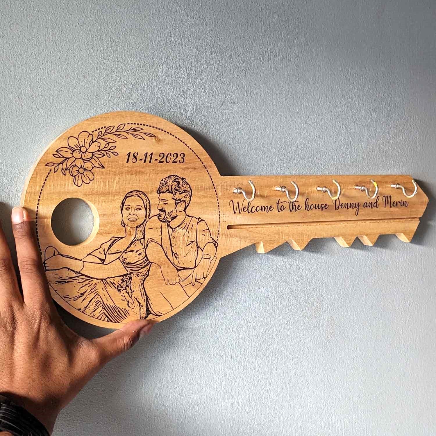 Personalized Portrait Key Hanger | Engraved Wooden Key Holder for Home ...