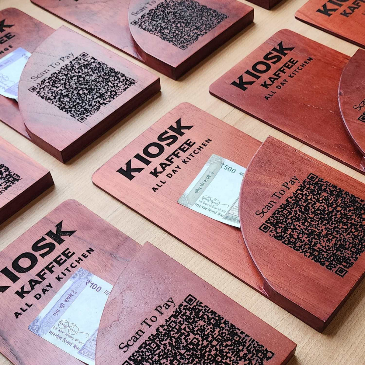 Custom Wooden Bill Folder for Restaurants &amp; Cafés | Engraved QR Code, Card &amp; Cash Folder
