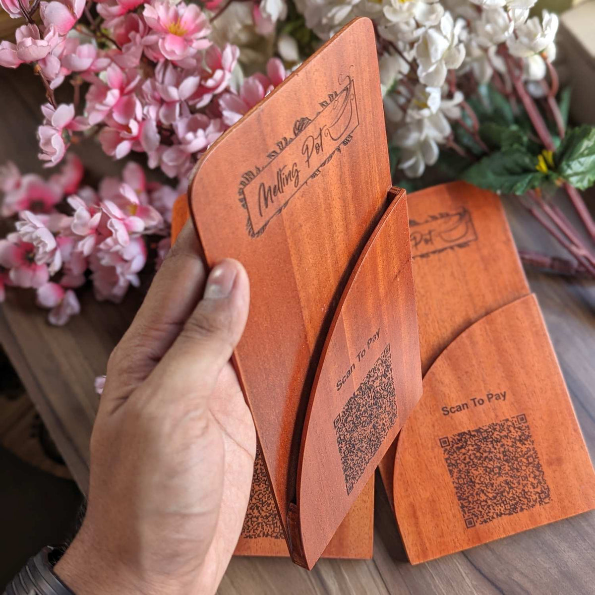 Custom Wooden Bill Folder for Restaurants &amp; Cafés | Engraved QR Code, Card &amp; Cash Folder