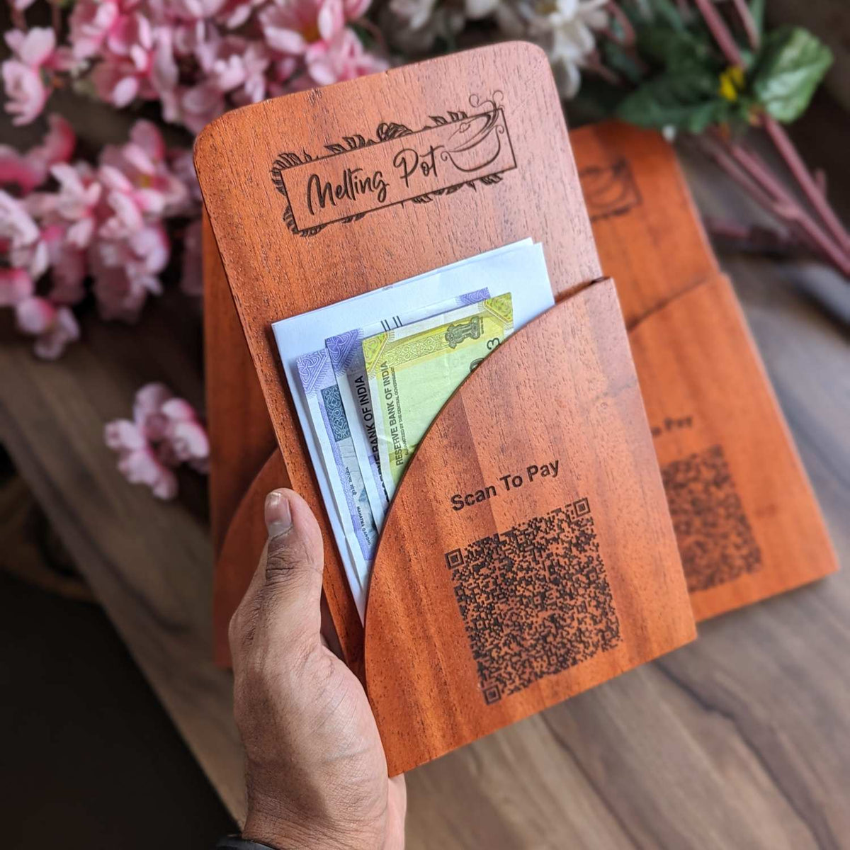Custom Wooden Bill Folder for Restaurants &amp; Cafés | Engraved QR Code, Card &amp; Cash Folder