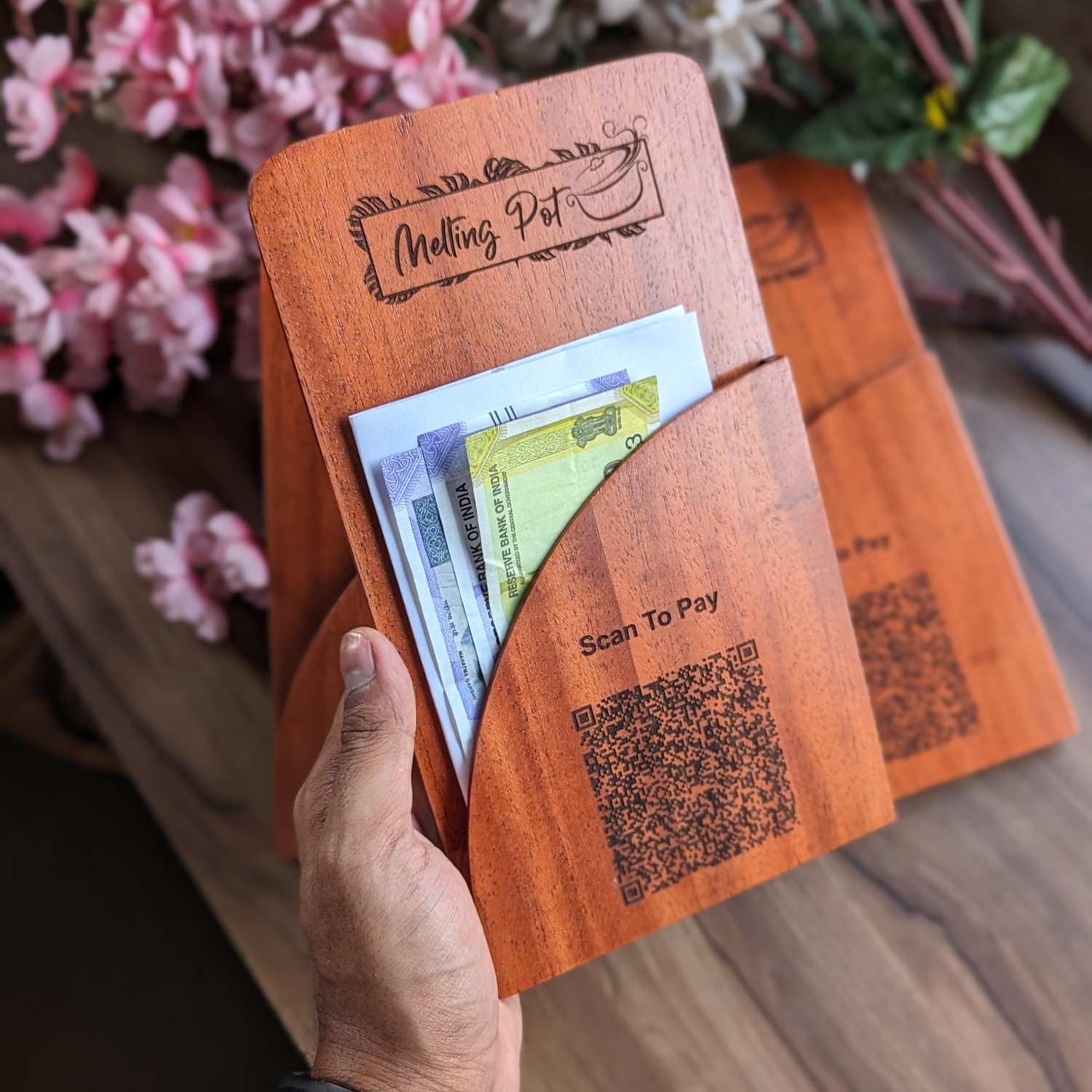 Custom Wooden Bill Folder for Restaurants & Cafés | Engraved QR Code, Card & Cash Folder