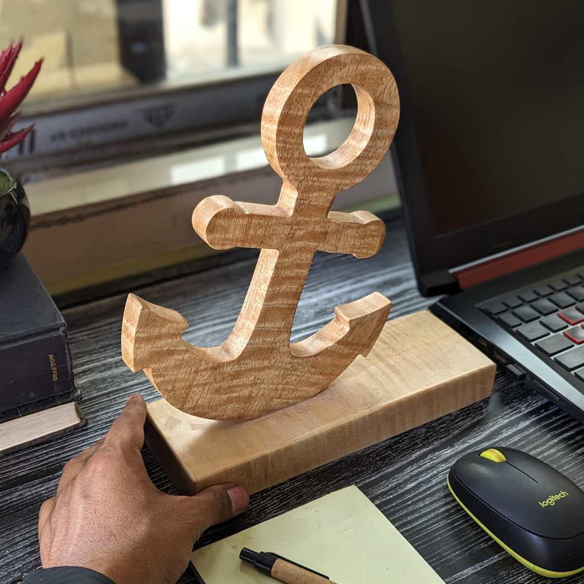 Custom Carved 3D Wooden Anchor Showpiece | Personalized Desk Decor &amp; Gift