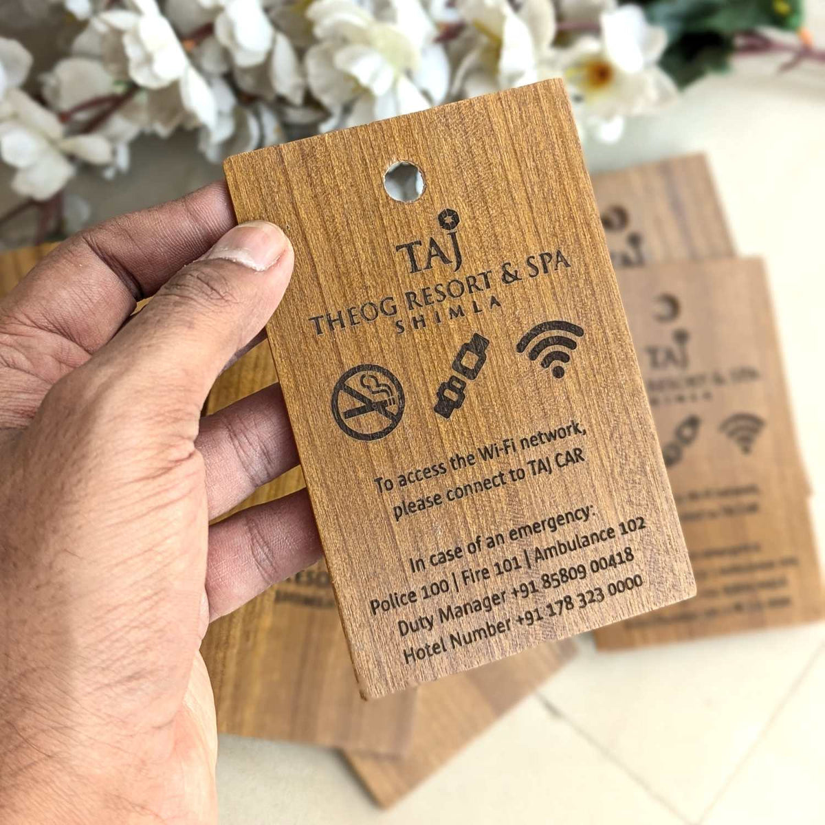 Custom Wooden Information Tag | Engraved Wi-Fi &amp; Emergency Contact Sign for Hotels
