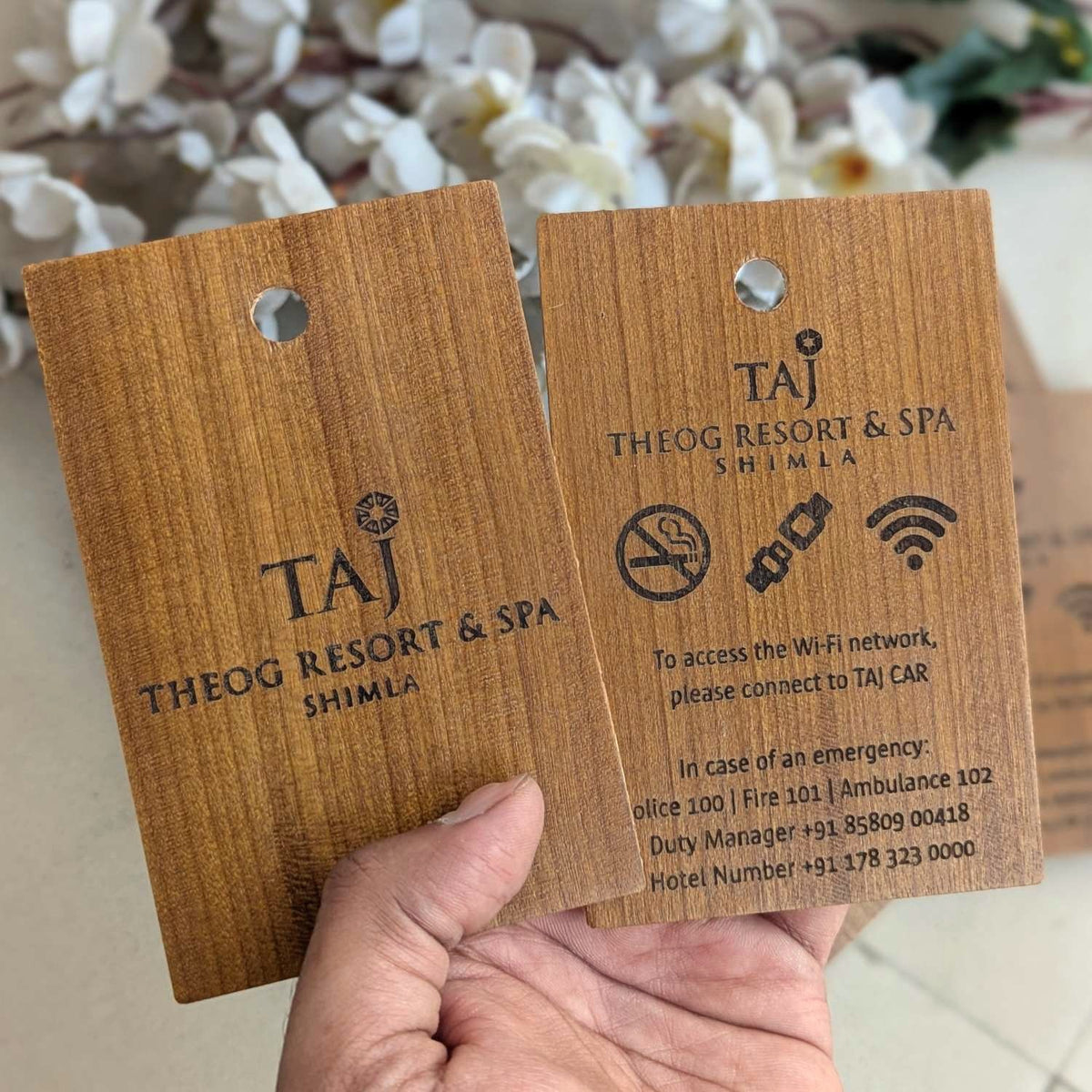 Custom Wooden Information Tag | Engraved Wi-Fi &amp; Emergency Contact Sign for Hotels