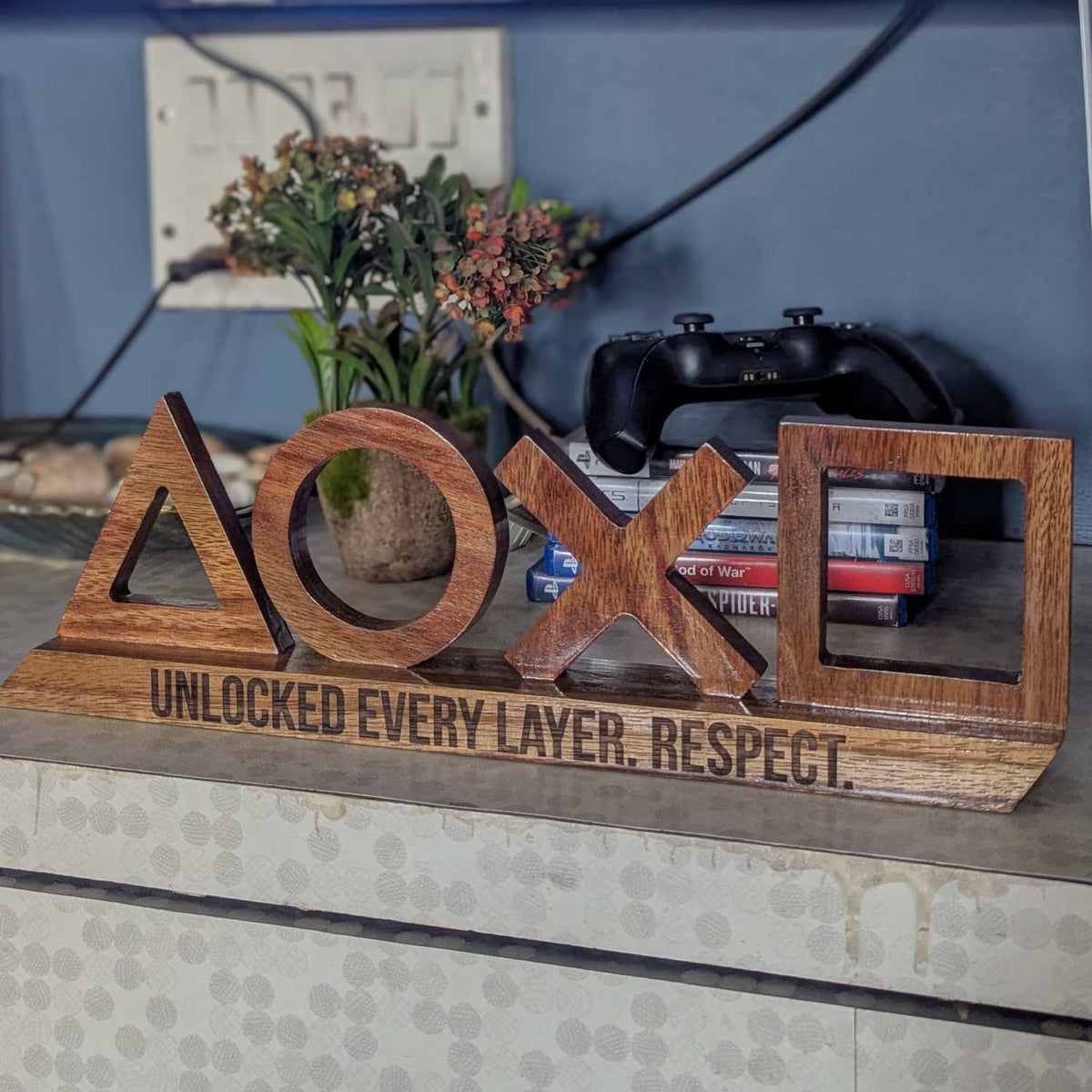 Personalized Wooden PlayStation Sign | Carved 3D Wood Desk Sign For Gamers