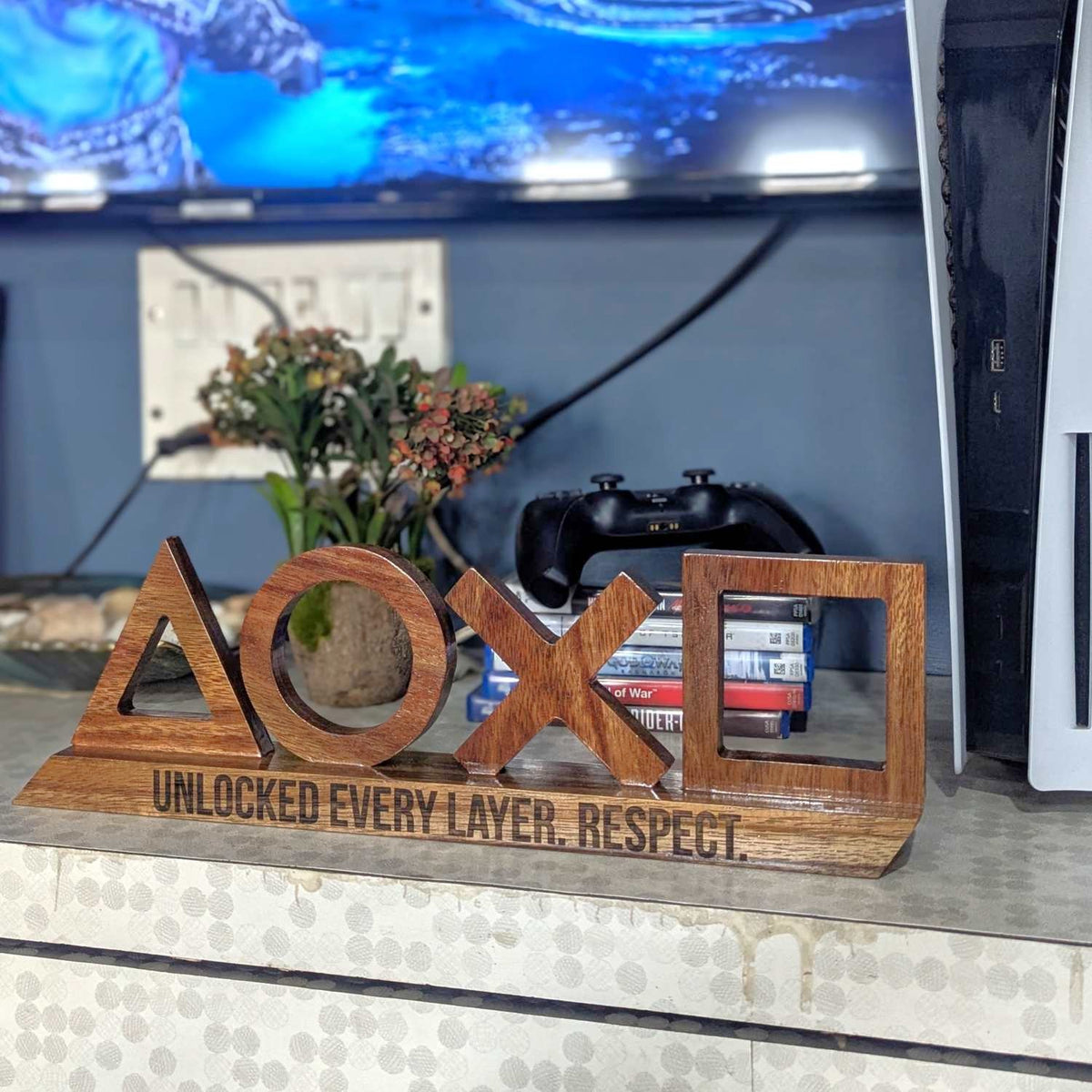 Personalized Wooden PlayStation Sign | Carved 3D Wood Desk Sign For Gamers