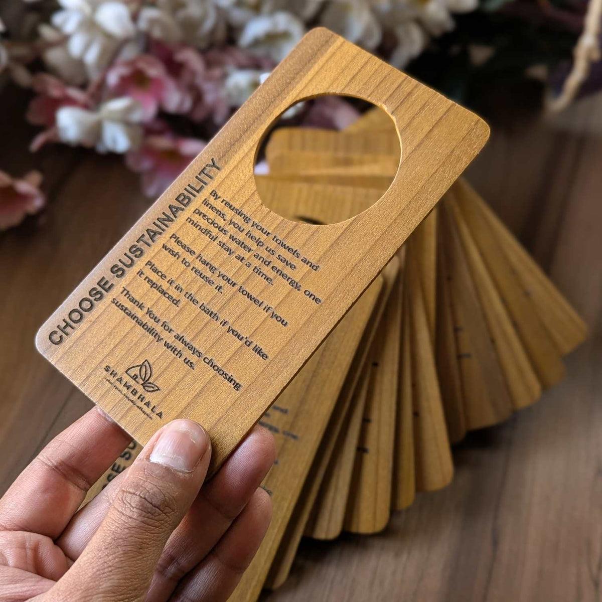 Custom Wooden Door Hanger for Hotels &amp; Resorts | Engraved Sustainability &amp; Privacy Sign