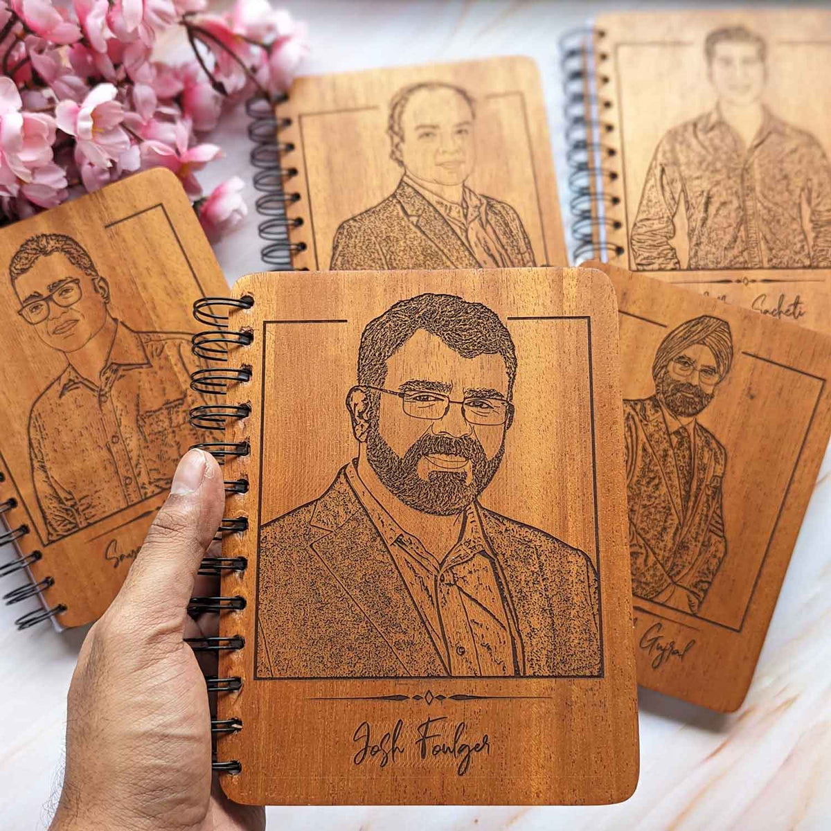 set of engraved wooden diaries for corporate gift 