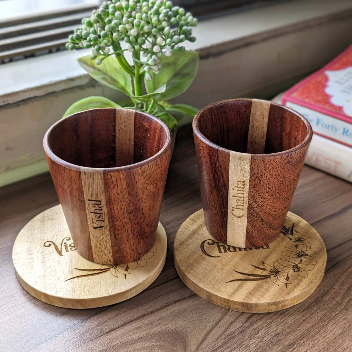 Personalized Gift Set | Wooden Tea Cups, Tea Tray &amp; Coasters With Name Engraved