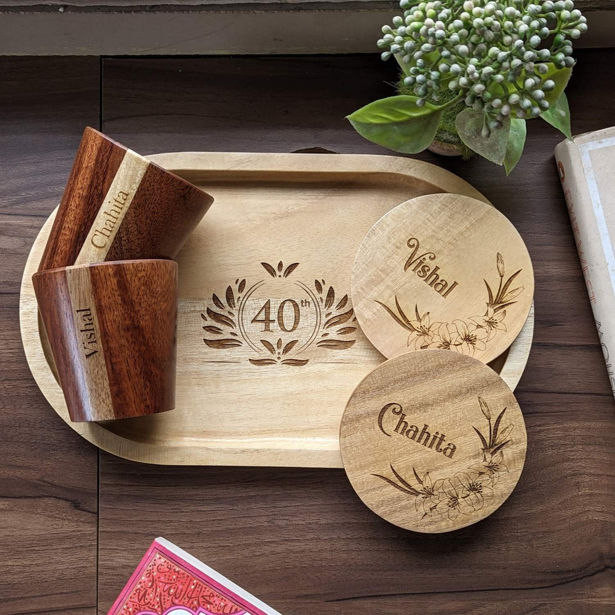Personalized Gift Set | Wooden Tea Cups, Tea Tray &amp; Coasters With Name Engraved