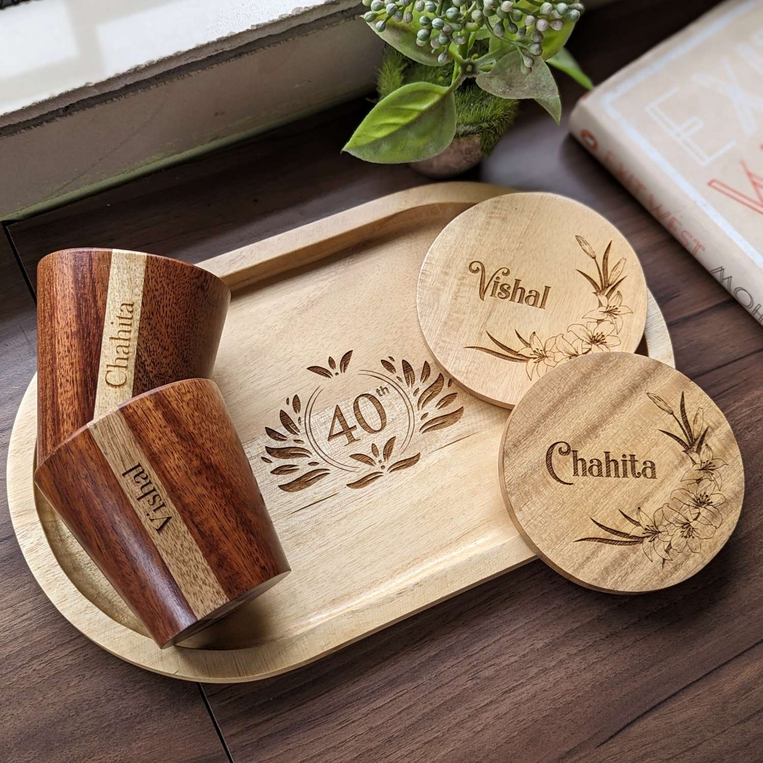 Personalized Gift Set | Wooden Tea Cups, Tea Tray & Coasters With Name Engraved