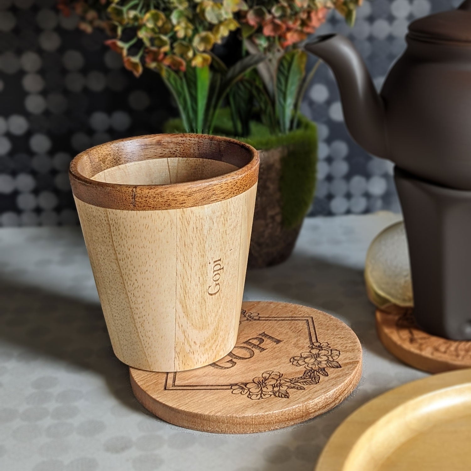 Wooden Tea Cups & Coasters With Name Engraved | Personalized Gift Set