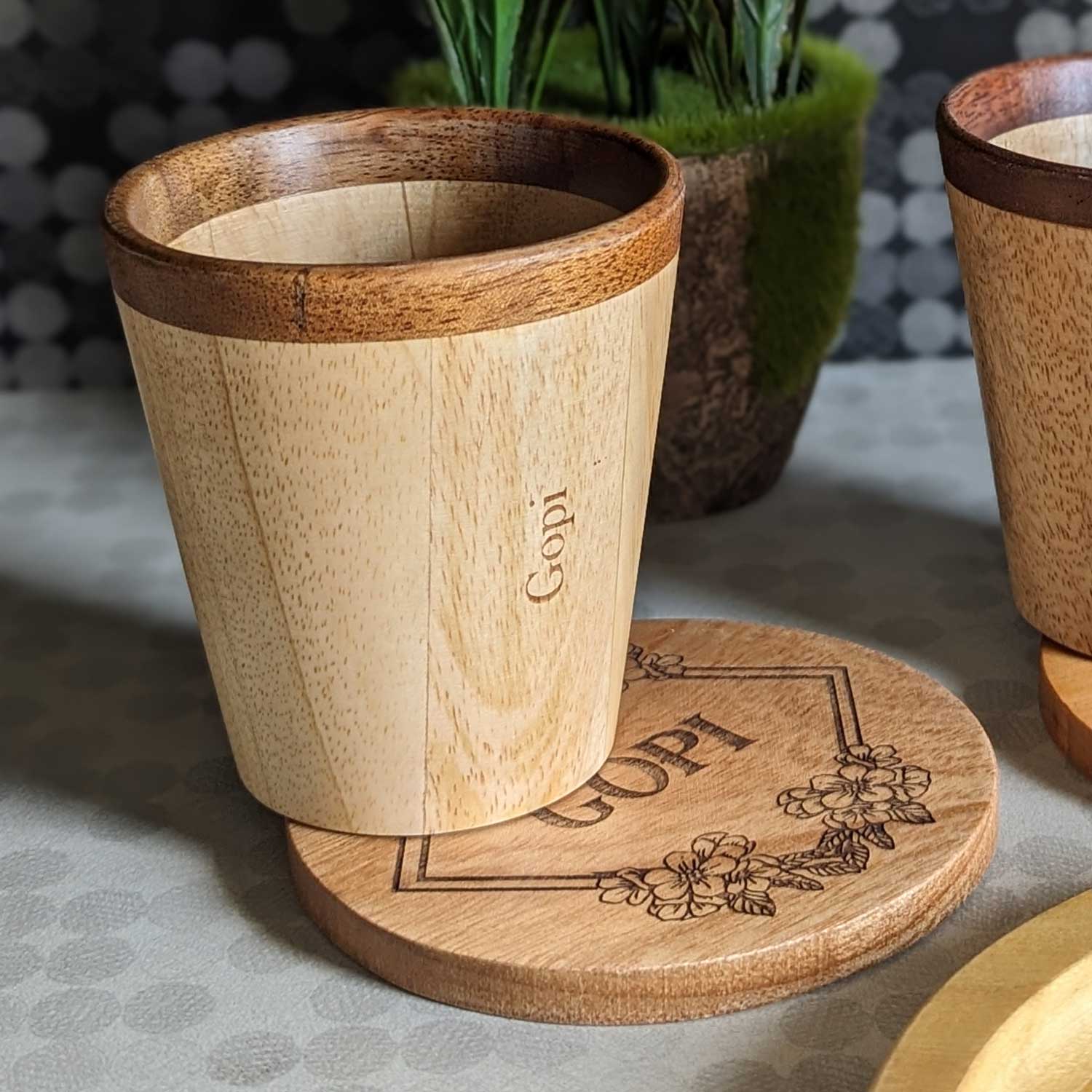 Wooden Tea Cups & Coasters With Name Engraved | Personalized Gift Set