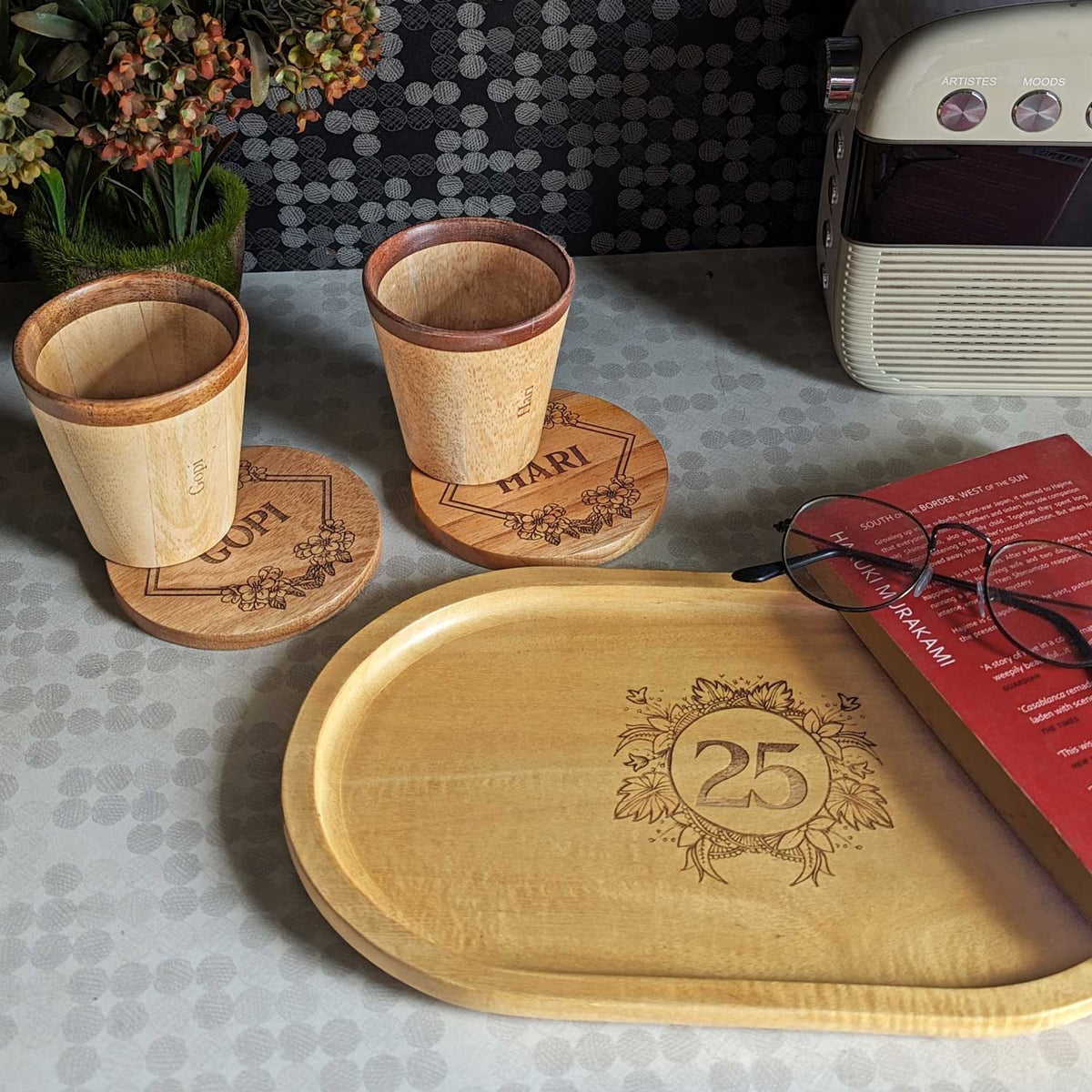 Personalized Gift Set | Wooden Tea Cups, Tea Tray &amp; Coasters With Name Engraved