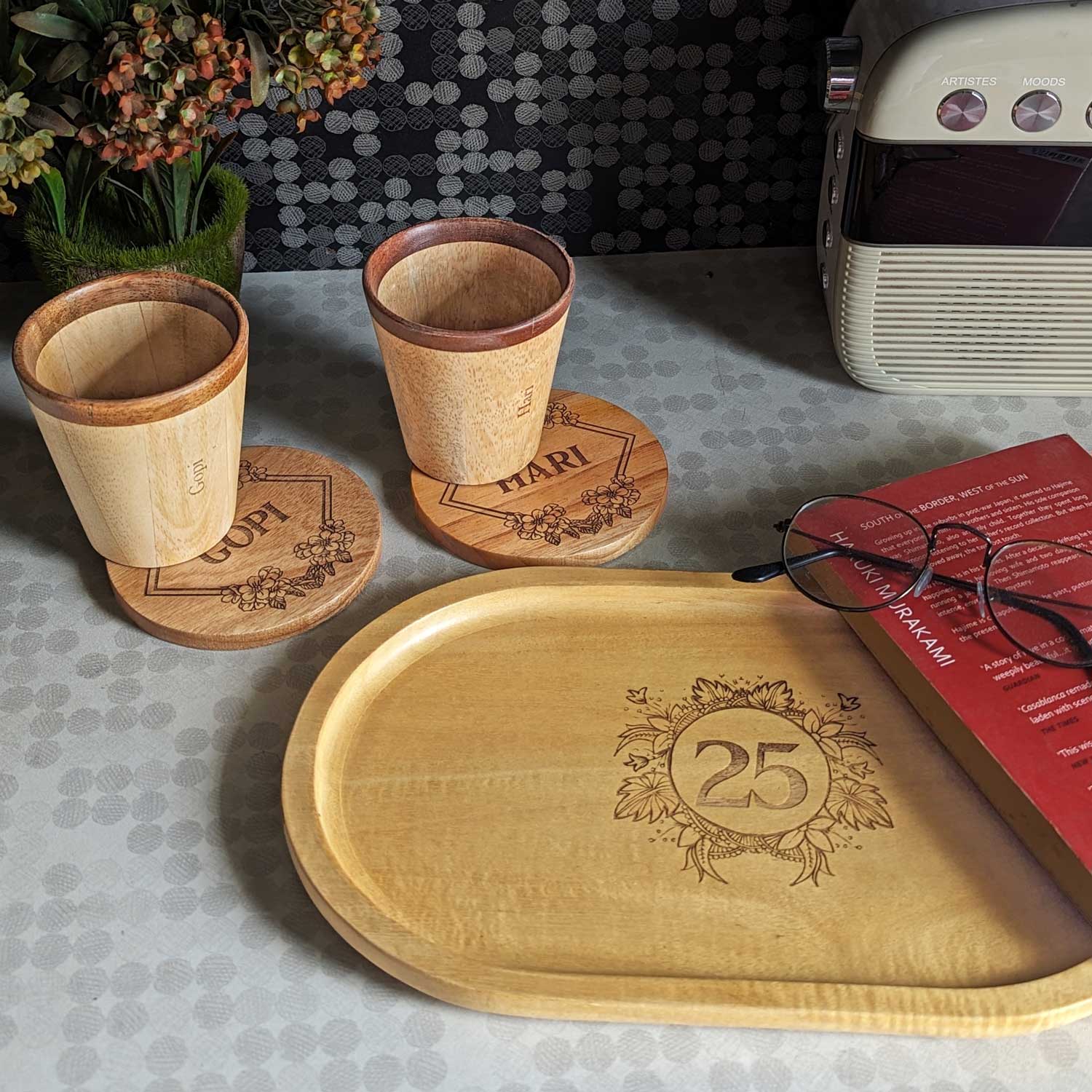 Personalized Gift Set | Engraved Wooden Tea Cups, Tea Tray & Coasters ...