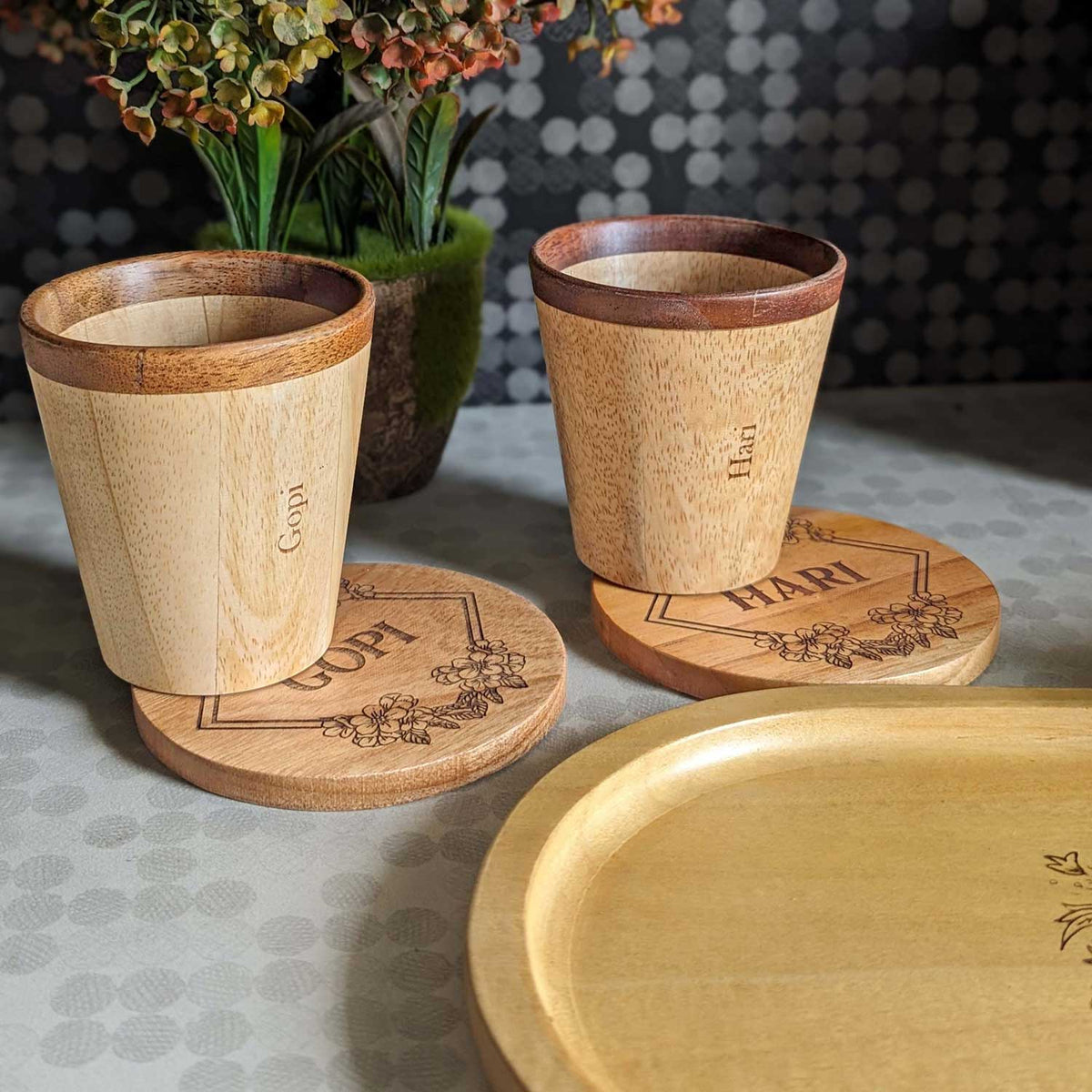 Wooden Tea Cups &amp; Coasters With Name Engraved | Personalized Gift Set