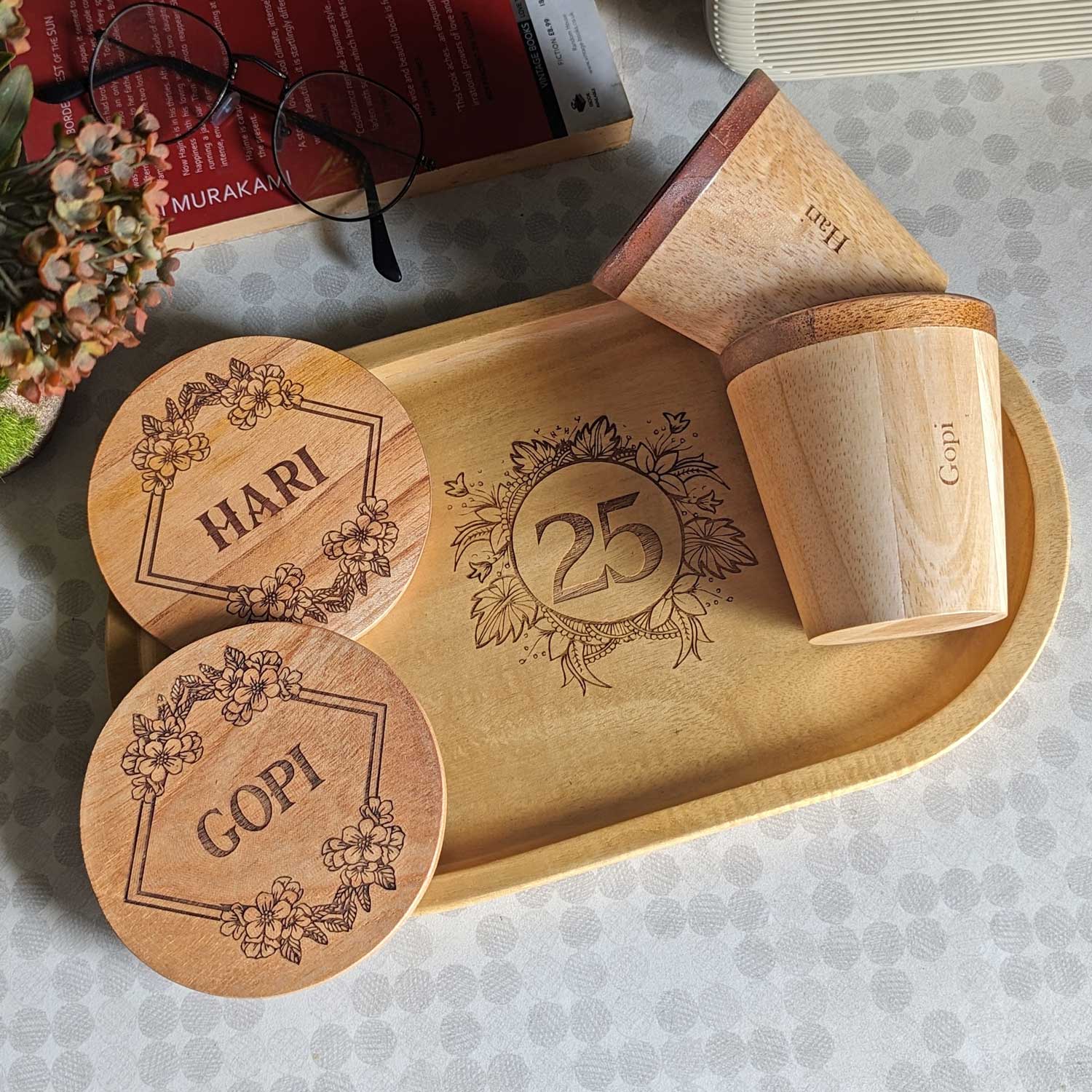 Personalized Gift Set | Wooden Tea Cups, Tea Tray & Coasters With Name Engraved