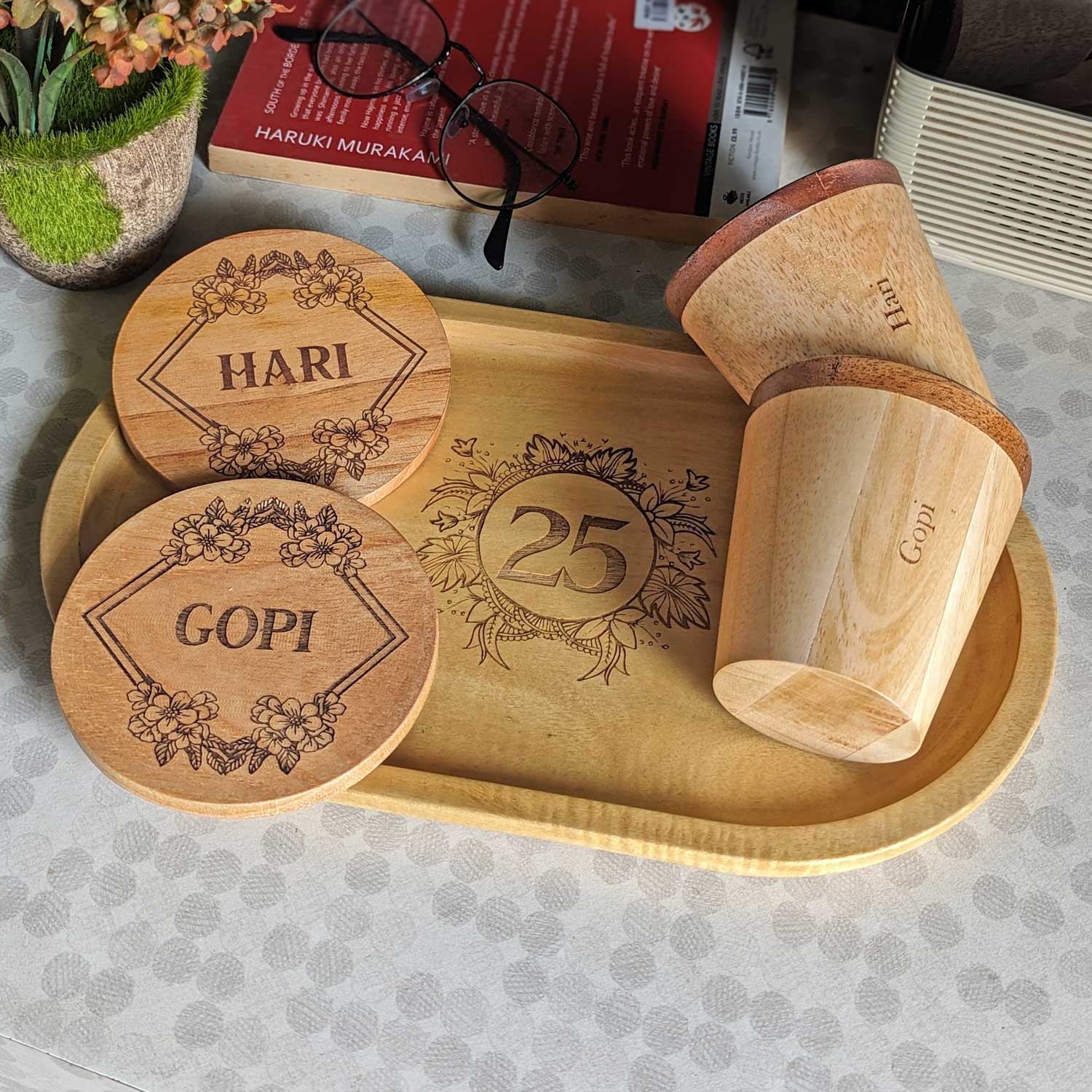 Personalized Gift Set | Wooden Tea Cups, Tea Tray & Coasters With Name Engraved