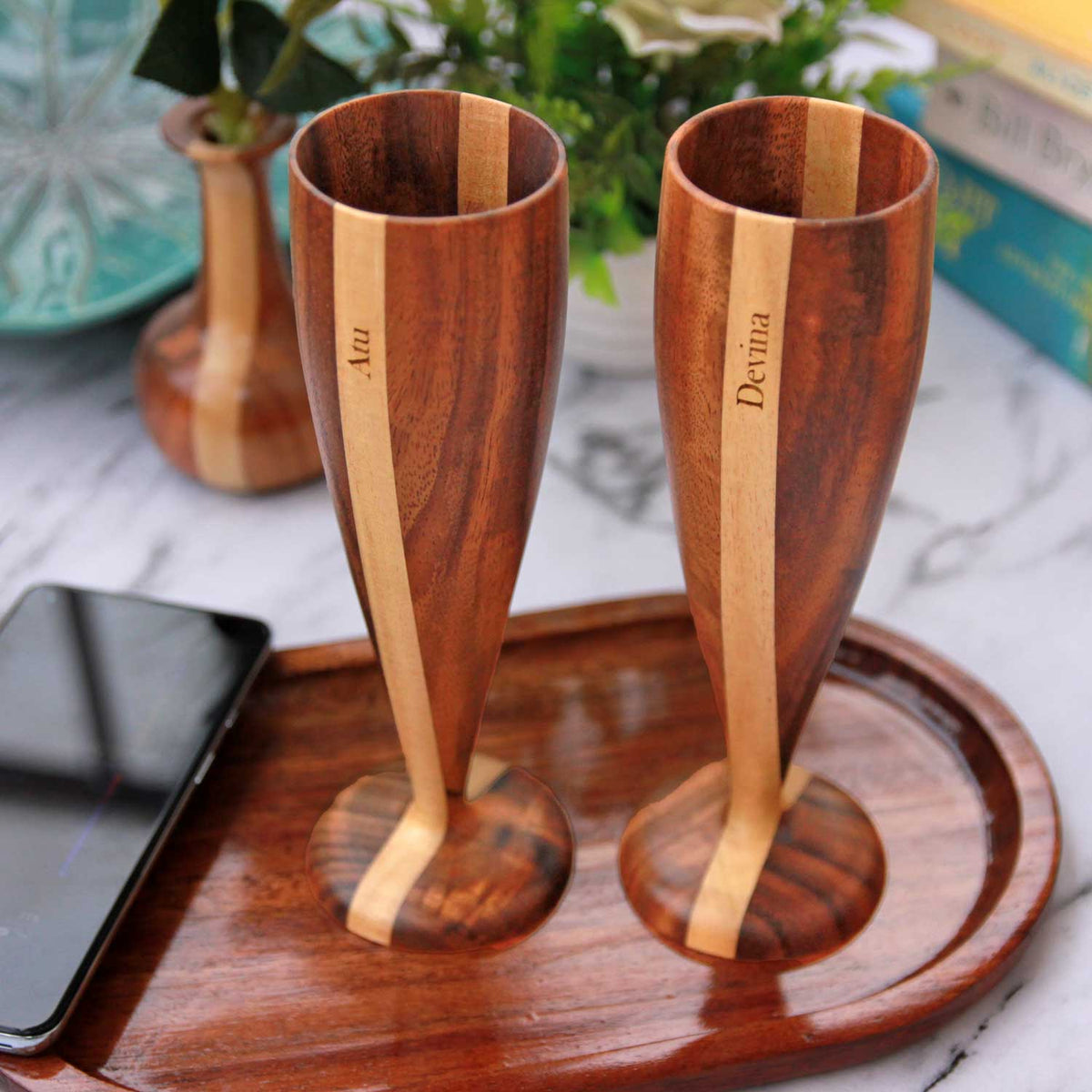 Personalized Wood Champagne Glasses | Anniversary Gift For Husband &amp; Wife