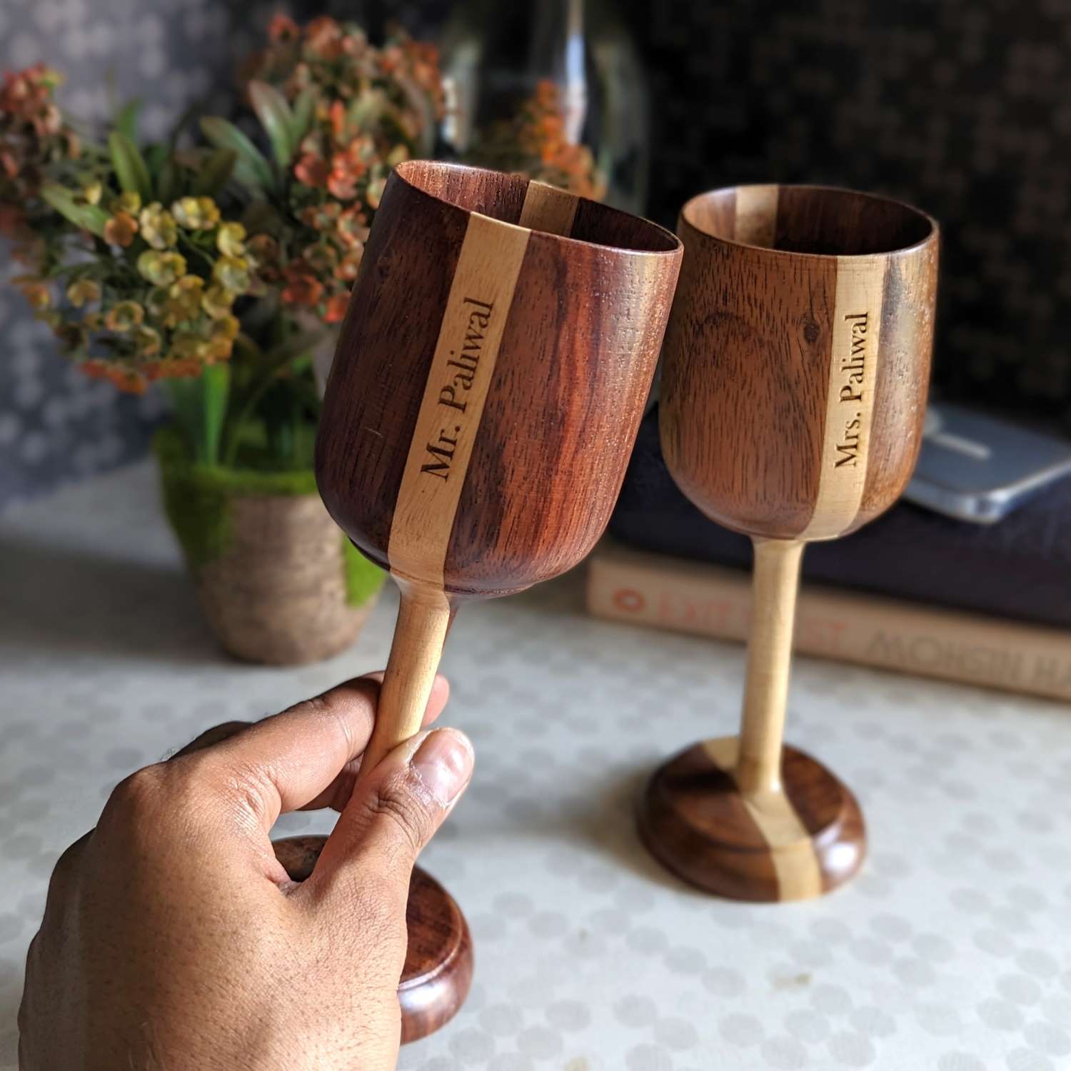 Personalized Wood Wine Goblets Engraved With Name | Anniversary Gift